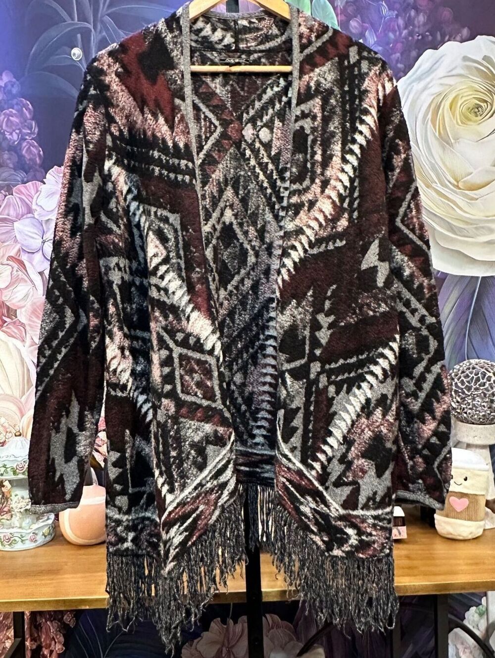 Lucky Brand L Southwestern Fringe Cardigan Boho Western Artsy Longline Geometric